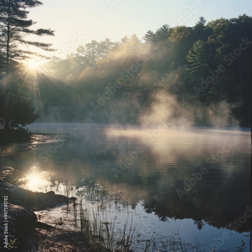 A panoramic view of a serene lake at dawn, with mist rising from the surface and the first rays of sunlight piercing through the dense forest in the background