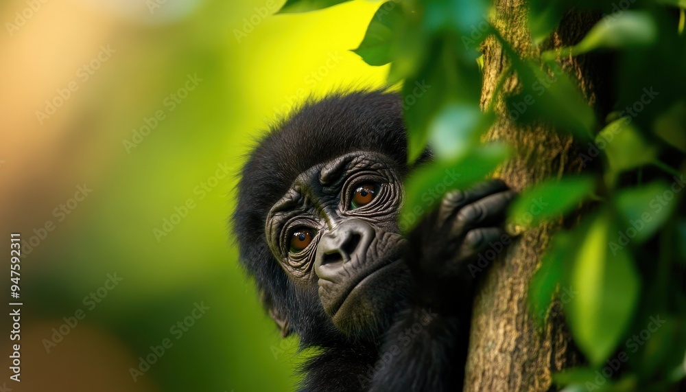 Obraz premium A curious young gorilla gazes from behind a tree, showcasing its expressive eyes amidst lush green foliage.