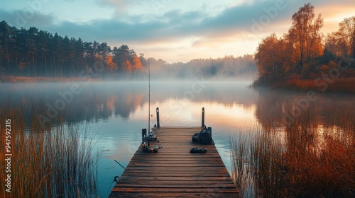 Serene lakeside dock at dawn, surrounded by misty waters and autumn foliage, perfect for nature lovers and peaceful retreats.