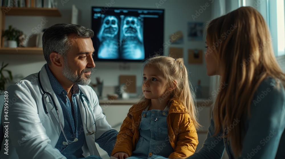 A caring doctor consults with a mother and her daughter in a pediatric clinic, emphasizing patient care and communication.