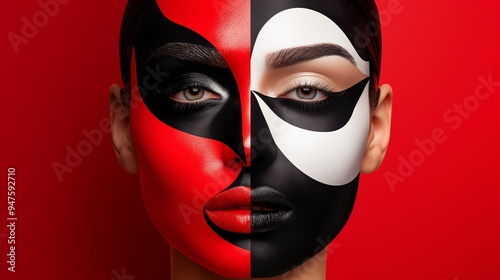 A woman's face is painted with red and black makeup, creating a striking contrast. The bold colors and the woman's gaze suggest a sense of confidence and strength