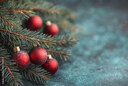 Close-up shot of Christmas pine branches with red baubles.