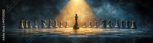A dramatic chess scene featuring a king piece illuminated by a spotlight, surrounded by other chess pieces in a misty atmosphere.