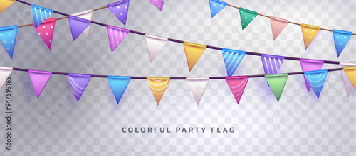Triangle flag garland for birthday party vector. Festive bunting pennant decor element for celebrate holiday. Triangular paper string decoration for anniversary or jubilee. Summer fest ribbon