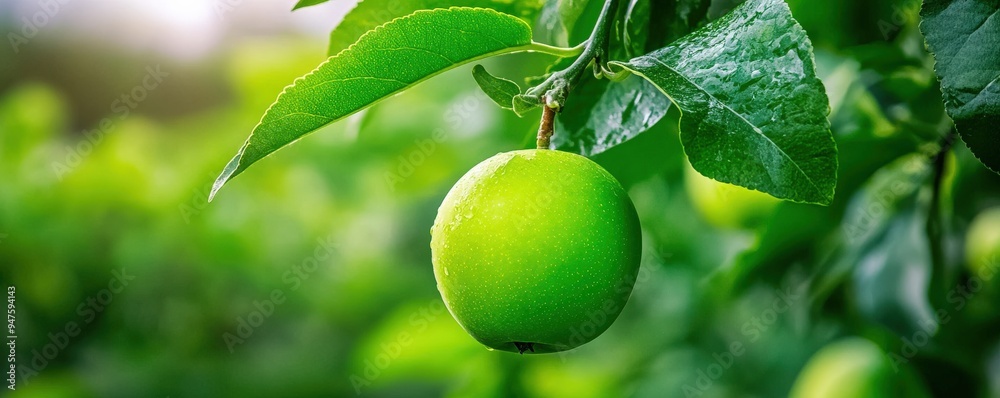 A fresh green apple hanging from a branch, surrounded by lush leaves, showcasing nature's beauty and vibrant colors. A fresh green apple hanging from a branch, surrounded by lush leaves, showcasing nature's beauty and vibrant colors.