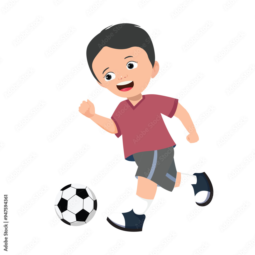 Cute happy little boy playing football soccer cartoon flat character vector illustration Cute happy little boy playing football soccer cartoon flat character vector illustration