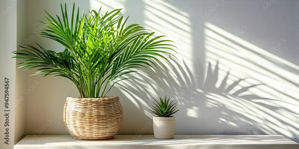 Modern minimal empty white marble concrete counter table top with vase of tree leaf. dappled sunlight shadow on wall background for luxury organic cosmetic, skin care, beauty spa treatment product Modern minimal empty white marble concrete counter table top with vase of tree leaf. dappled sunlight shadow on wall background for luxury organic cosmetic, skin care, beauty spa treatment product