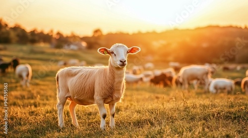 Tranquil Sunset Grazing: Close-up Portraits of Sheep and Goats in Rural Countryside Farm