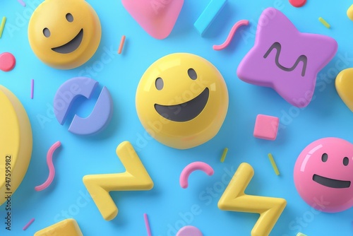 Playful, abstract shapes with smiling emojis, symbolizing a sense of fun and happiness.