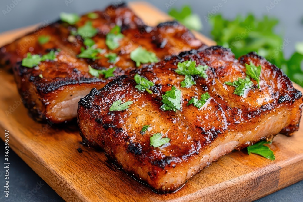 Grilled meat fillet garnished with fresh herbs on a wooden board. Perfect for culinary presentations and delicious recipes. Grilled meat fillet garnished with fresh herbs on a wooden board. Perfect for culinary presentations and delicious recipes.