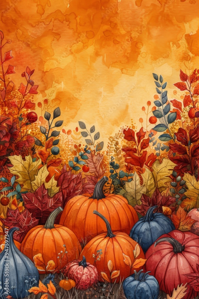 A cozy autumn scene with pumpkins, gourds, and colorful leaves, arranged in a whimsical pattern, against a backdrop of a warm, orange sky. A cozy autumn scene with pumpkins, gourds, and colorful leaves, arranged in a whimsical pattern, against a backdrop of a warm, orange sky.