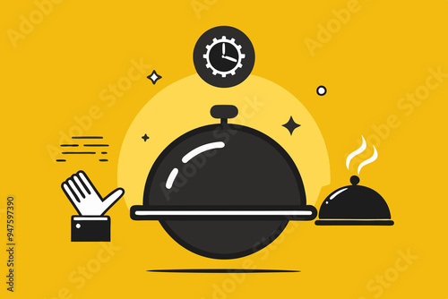 Black Dish with lid holding hands isolated on yellow, opened restaurant cloche,concept icons set