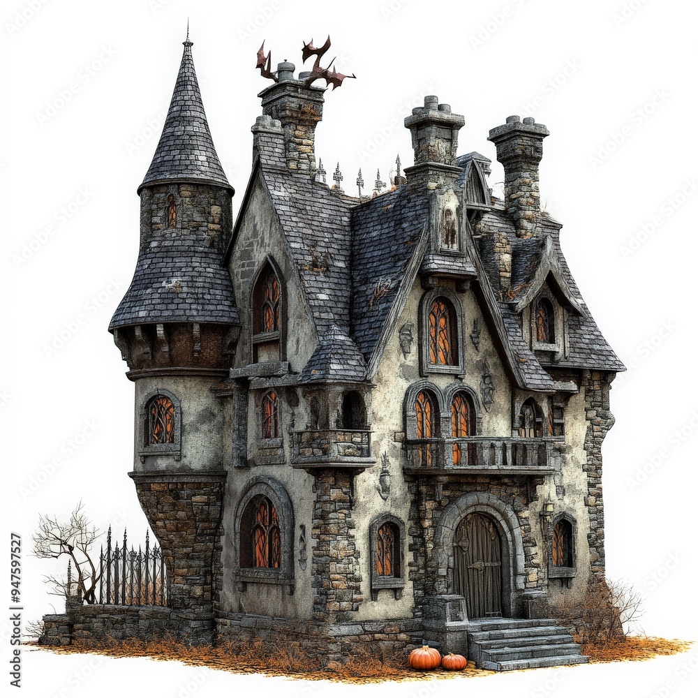 Haunted Stone Mansion With Bat Chimneys and Pumpkins. Haunted Stone Mansion With Bat Chimneys and Pumpkins.