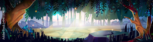 Magic forest with fantasy meadow landscape cartoon. Cute enchanted nature scene for game design. Dream land with glade and sunlight ray. Mystery glow scenery in fairytale world childish banner