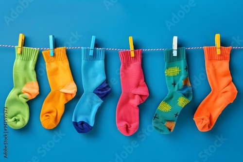 Colorful socks hanging on a clothesline against an isolated blue background, national sock day photo