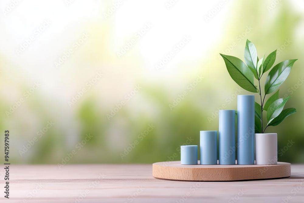 Minimalistic bar graph with green plant symbolizing growth and progress in a serene environment. Minimalistic bar graph with green plant symbolizing growth and progress in a serene environment.