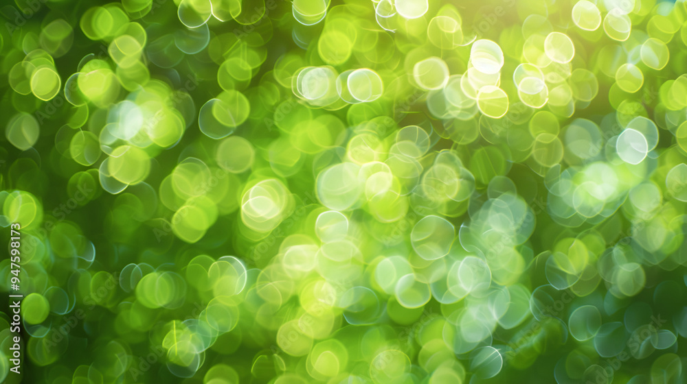 Abstract Green Bokeh Background with Glowing Particles and Blurred Light Effects, Creating a Natural and Dreamy Atmosphere with Shades of Forest Green and Yellow Hues