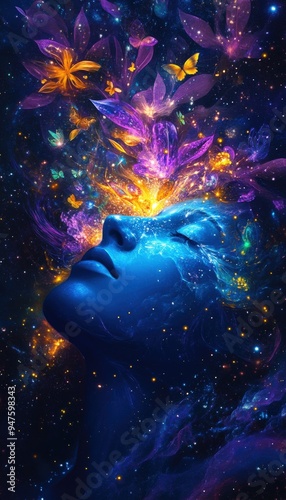 Wallpaper Mural A surreal portrait of a woman with vibrant flowers and butterflies emerging from her head, embodying creativity and transformation. Torontodigital.ca