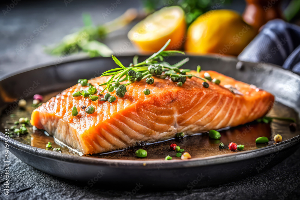 Grilled Salmon with Capers and Rosemary in a Black Pan. Grilled Salmon with Capers and Rosemary in a Black Pan.