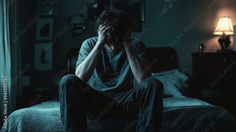 Obraz premium Man Sitting On Bed In The Dark With Head In Hands - sad