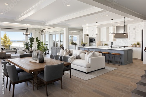 A light - filled living space with seamless transitions between the kitchen, dining, and lounge areas, creating an inviting open - concept layout

