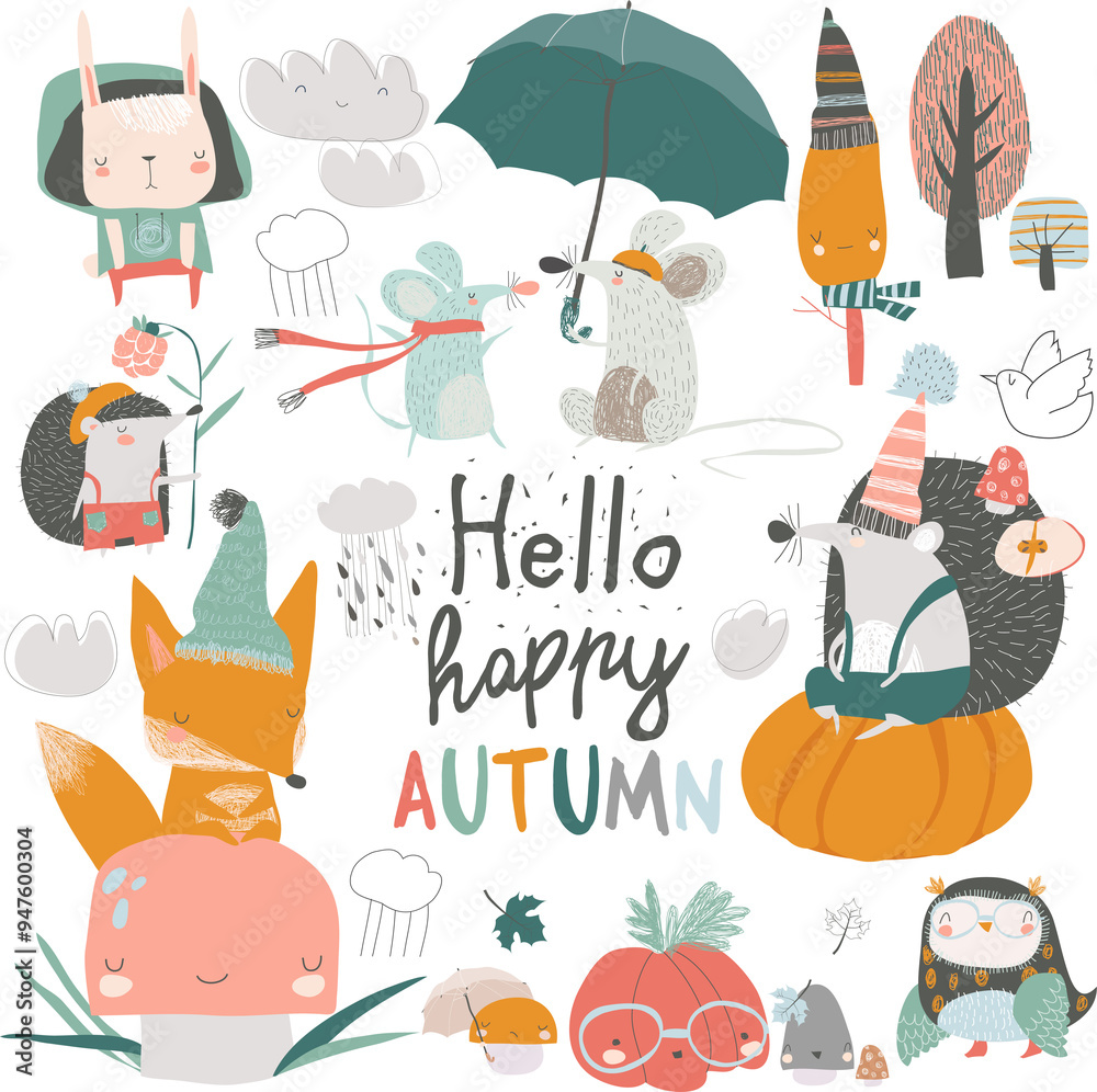 Fototapeta premium Fall set with cute forest animals in cartoon style
