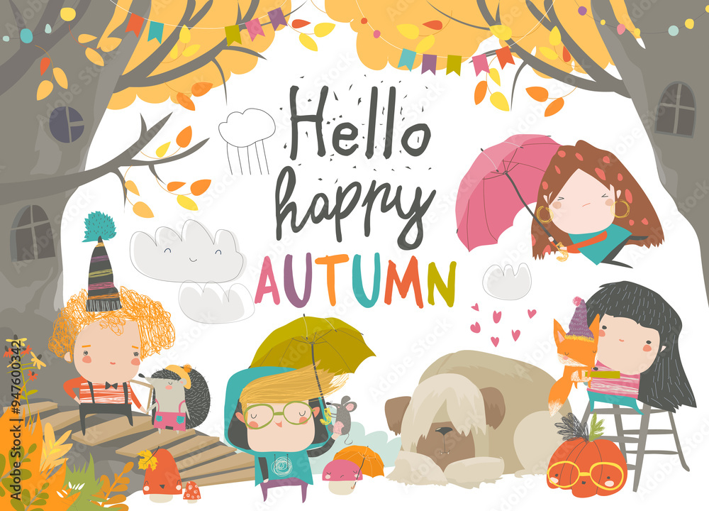 Fototapeta premium Cute children meeting autumn wearing warm clothes