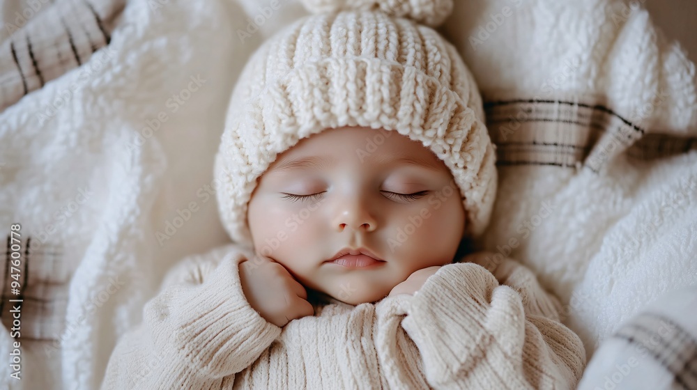 Adorable Sleeping Newborn Baby in Warm Hat on Plaid Adorable Sleeping Newborn Baby in Warm Hat on Plaid