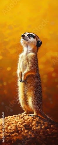 A vigilant meerkat stands alert on a mound, showcasing its curious nature against a warm golden background.