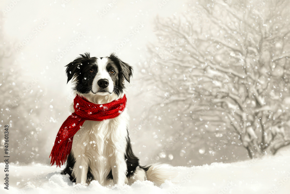 Border Collie with red scarf sitting in the snow falling with winter trees. Border Collie with red scarf sitting in the snow falling with winter trees.