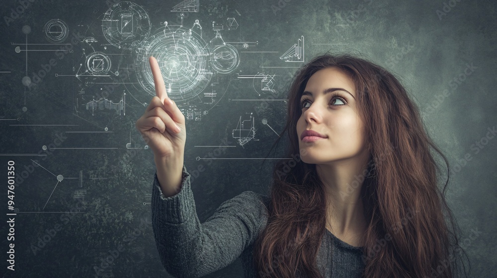 Data Management System: Professional Woman Pointing at Virtual Icon Data Management System: Professional Woman Pointing at Virtual Icon