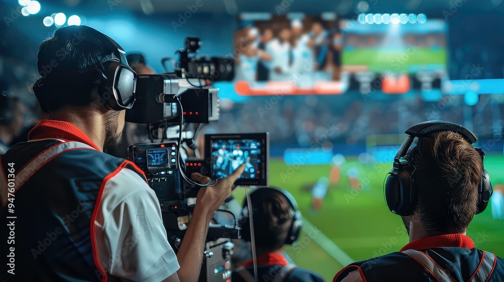 Two cameramen wearing headphones film a soccer game from the stands, capturing the action on the field for a broadcast.