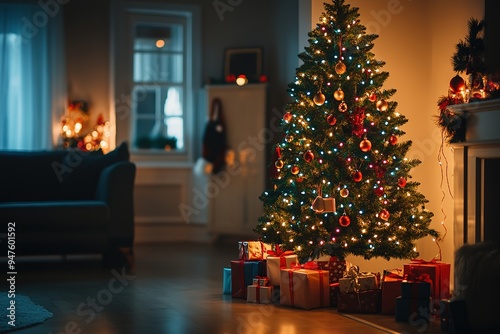 Cozy room with decorated Christmas tree and gifts