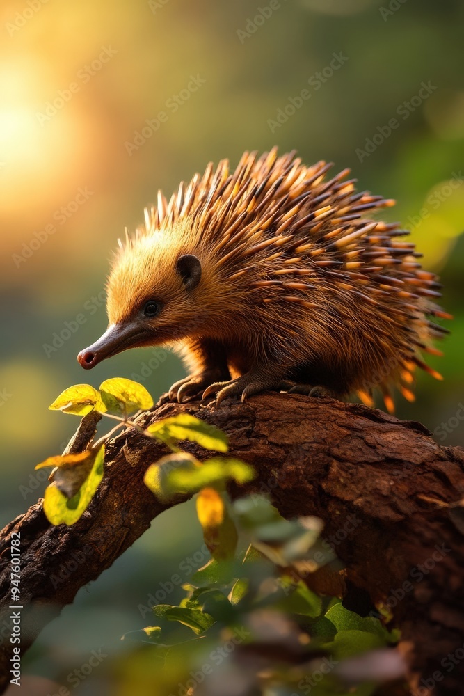 Fototapeta premium An adorable echidna perched on a branch, surrounded by lush greenery and warm sunlight, showcasing its unique spiky coat.