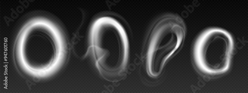 Smoke cloud ring on dark transparent background. Realistic 3d vector illustration set of vapor steam circle. Abstract hookah vape fog circular shapes. Round cigarette puff mist smog twirl effect.