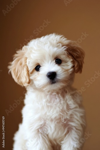 Adorable puppy with soft fur and big eyes on a neutral background, perfect for pet lovers and animal photography.