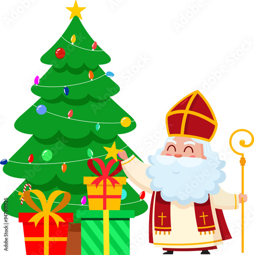 Cute Saint Nicholas or Sinterklaas Cartoon Character Putting Star On Christmas Tree With Gift Boxes. Vector Illustration Flat Design Isolated On Transparent Background