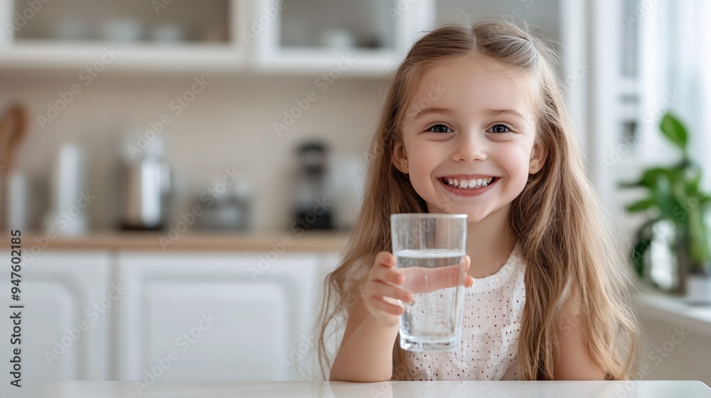 Happy Little Girl Holding Glass of Fresh Water Indoors Happy Little Girl Holding Glass of Fresh Water Indoors