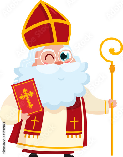 Cute Saint Nicholas or Sinterklaas Cartoon Character With Bible And Scepter. Vector Illustration Flat Design Isolated On Transparent Background