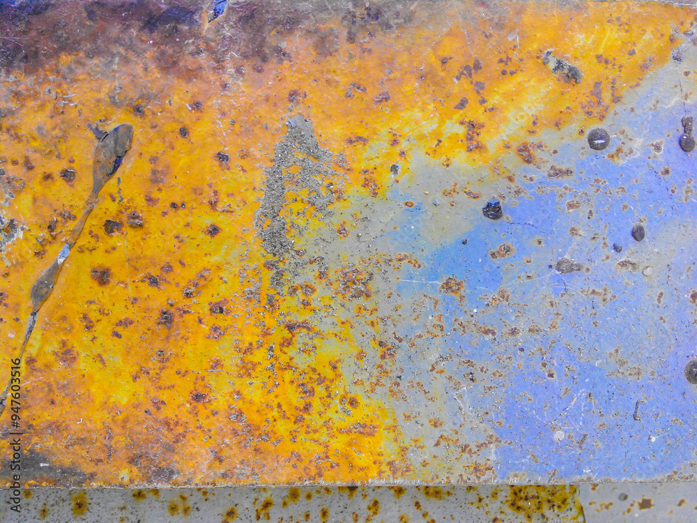 Rusty sheet of iron with scratches and orange stains. Blue, brown, cyan and yellow colors Rusty sheet of iron with scratches and orange stains. Blue, brown, cyan and yellow colors