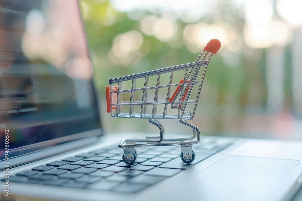 Online shopping e-commerce and customer experience concept. Cute Shopping cart on a laptop keyboard, depict shopper consumers buy or purchase goods and services at home or office Online shopping e-commerce and customer experience concept. Cute Shopping cart on a laptop keyboard, depict shopper consumers buy or purchase goods and services at home or office