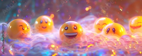 Layered emojis emerging from an iridescent fog, each one shimmering slightly,