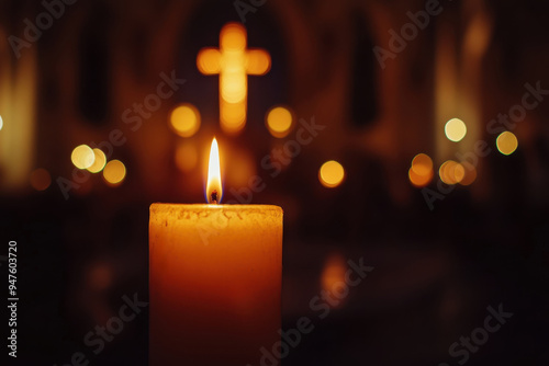 Candles and Christian Cross background. A serene setting with lit candles and a Christian cross, creating a peaceful atmosphere for reflection or prayer, copy space.