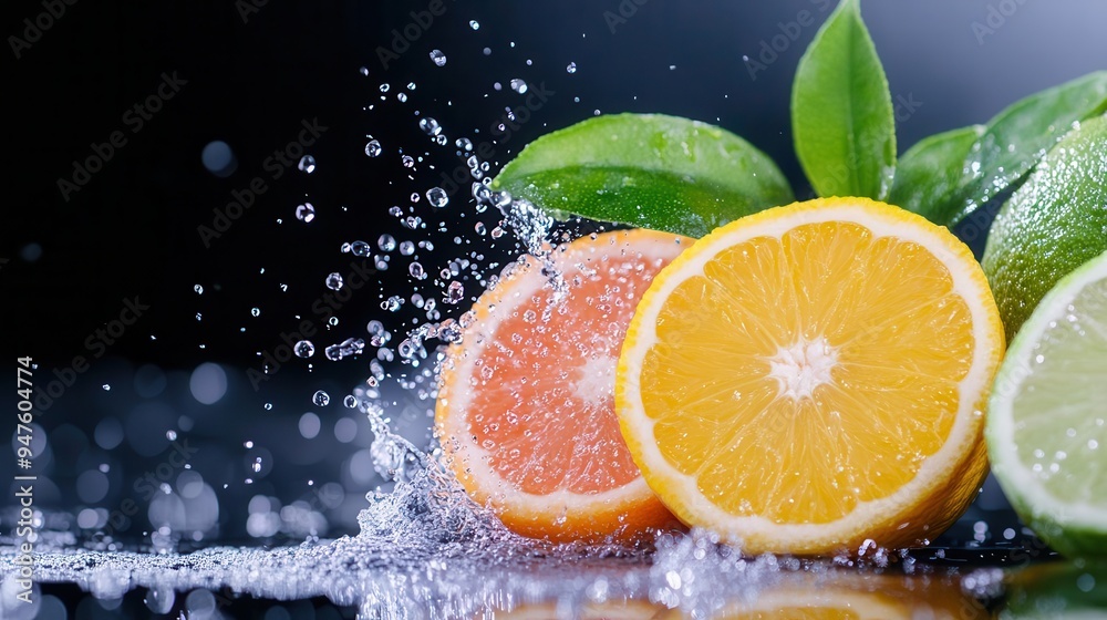 Vibrant citrus slices splashing in water, showcasing freshness and vitality with decorative leaves in a dynamic composition. Vibrant citrus slices splashing in water, showcasing freshness and vitality with decorative leaves in a dynamic composition.