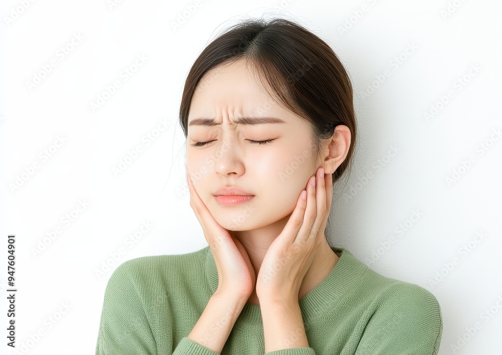 Young asian woman with a pained expression, holding her jaw with both hands, indicating discomfort or toothache. Light background. Young asian woman with a pained expression, holding her jaw with both hands, indicating discomfort or toothache. Light background.