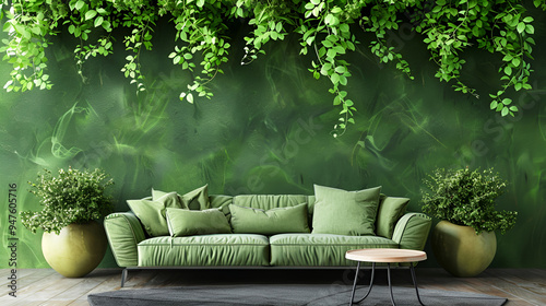  a beautifully designed interior space featuring a modern green sofa that matches the lush greenery on the wall behind itThe backdrop is a rich, green gradient that creates a calming and natural photo