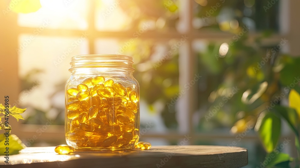Glass jar filled with yellow omega 3 illuminated by sunlight on a light, bright background Glass jar filled with yellow omega 3 illuminated by sunlight on a light, bright background