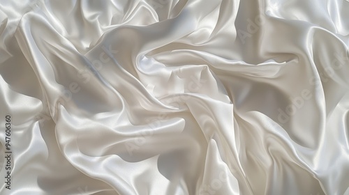 Closeup of rippled white satin fabric texture background. Luxurious background design 