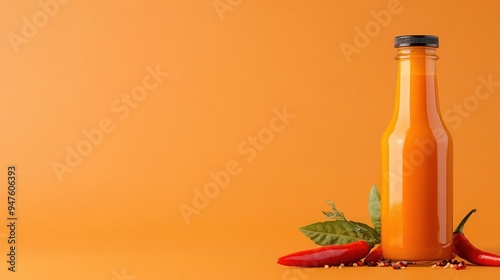 Vibrant orange sauce in a glass bottle, garnished with fresh chili peppers and herbs, set against an orange backdrop.