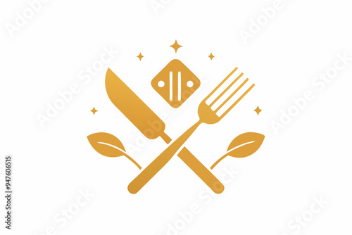 white background plate and golden fork and knife icons set